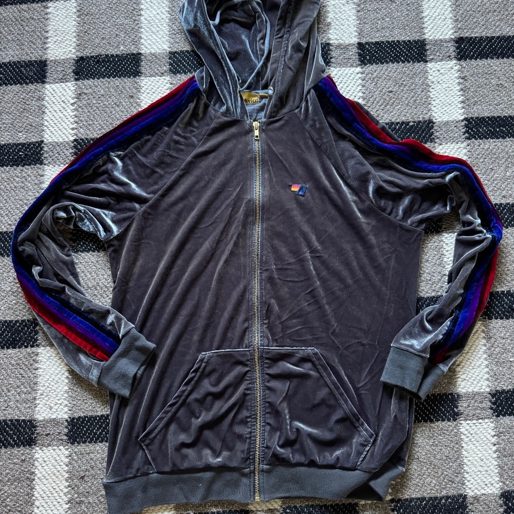 Aviator Nation Velour Velvet Gray Zip Up Hoodie